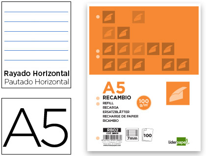 Recambio Liderpapel A5 100h 100g/m² raya horizontal con margen 6 taladros